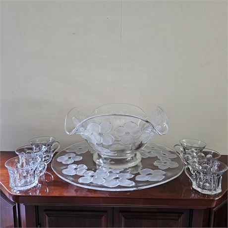 1940's Lancaster Colony Glass Frosted Dogwood Flower Footed Bowl & Platter w/cup