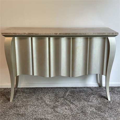 Marble Top Console Cabinet w/ Textured Fluted Wood Base