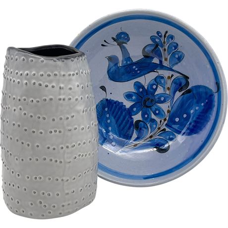 Glazed Ceramic Nate Berkus Vase & Signed Amex Bowl