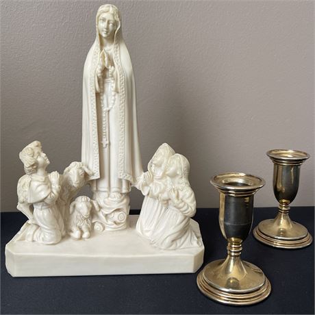 Vtg Our Lady of Fatima Polyresin Statue w/ E.P. Zinc Italy Candlestick Holders