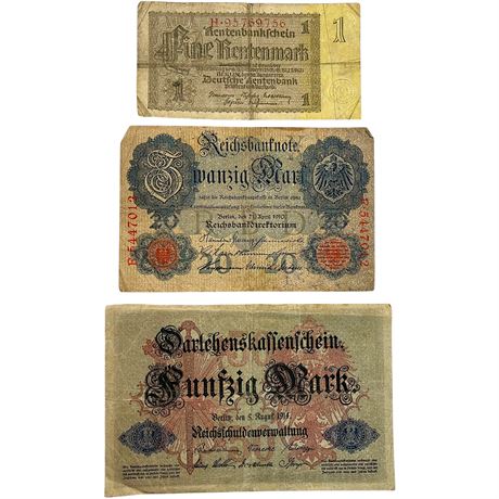 Garman Currency - 1, 20, & 50 Mark Banknotes