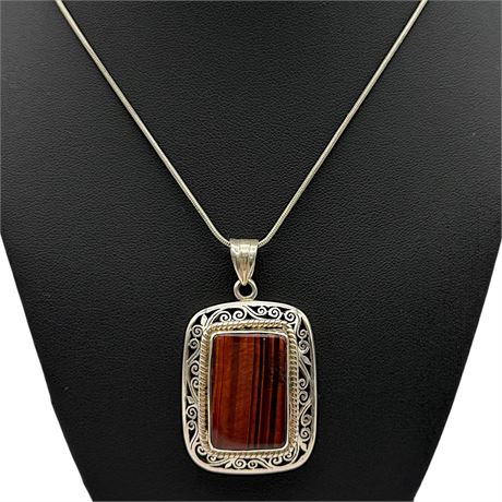 925 Sterling Silver Red Tiger's Eye Pendant on 925 Sterling Silver Chain