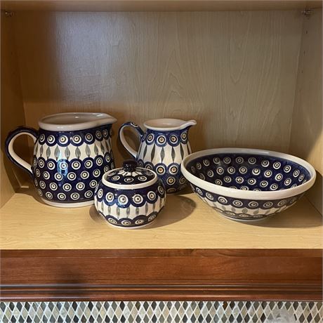 5-Piece Boleslawiec Polish Pottery with Tea Set and Serving Bowl