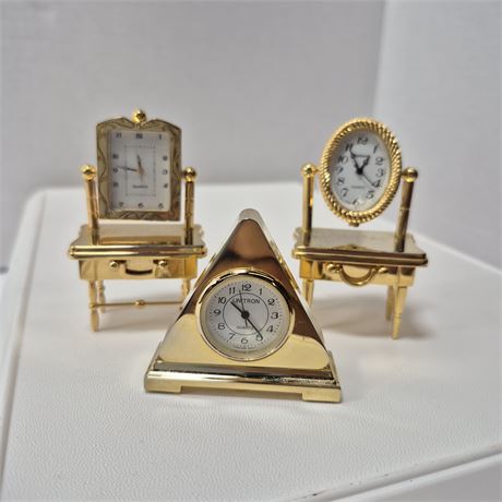 3 Miniature Gold Tone Desktop Clocks