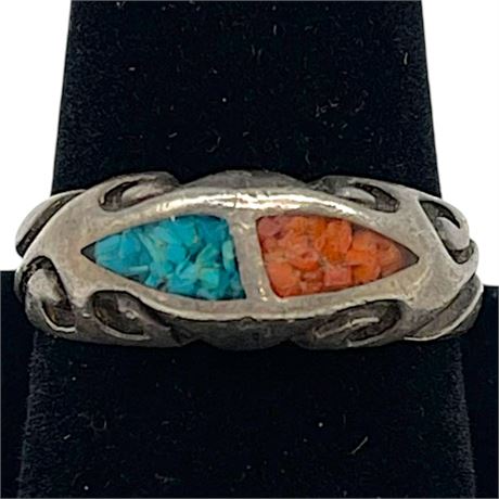 Turquoise & Coral Mosaic Navajo Size 9.5 Ring