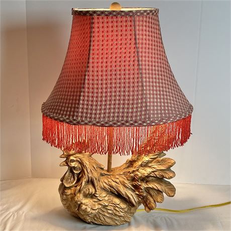 Country Rooster Resin Table Lamp with Fringed Shade
