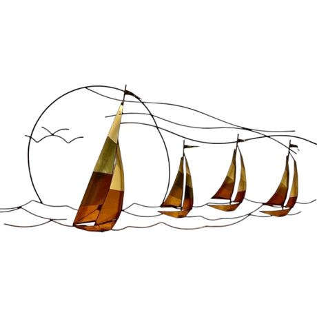 Mid Century Signed Sailboat Regatta Metal Wall Sculpture