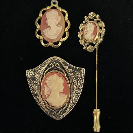 Vtg Carved Cameo Sick Pin, Brooch & Pendant