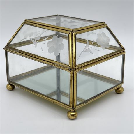 Glass and Brass Display Vanity Box with Etched Flowers