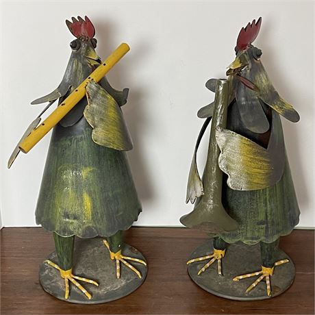 Pair of Metal Instrument Playing Roosters