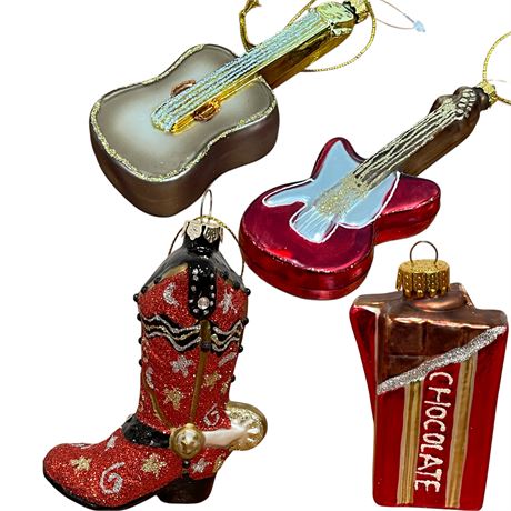 Blown Glass Guitars, Cowboy Boot & Chocolate Bar Ornaments