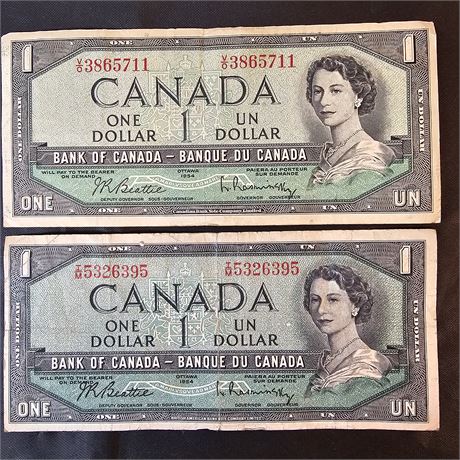 (2) 1954 $1 Dollar Canadian Bills