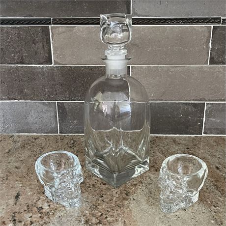 Pair of Skull Shot Glasses and Glass Decanter w/ Stopper