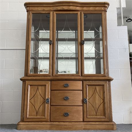 Vtg Solid Wood Lighted 2-Piece China Cabinet