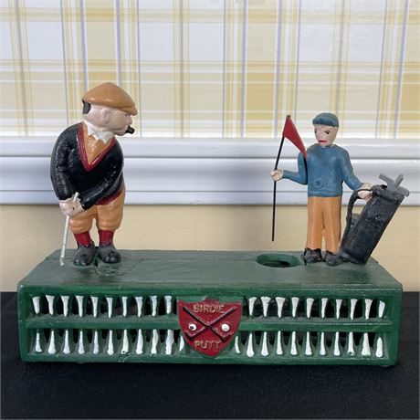 Vtg Cast Iron Golfer Mechanical Coin Bank