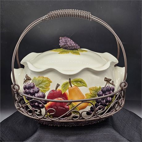 Fruit Designed Ceramic Crock w/Lid in Metal Basket by "Celebrating Home"