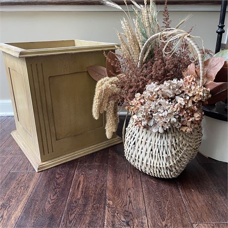 Nice Basket with Vintage Dry Floral Arrangement with Large Wood Planter Box