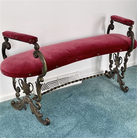 Victorian Curved Wrought Iron and Velvet Hall Bench by Seville Studios Cleveland