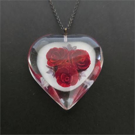 Vintage Lucite Reversed Carved Roses in Heart Necklace
