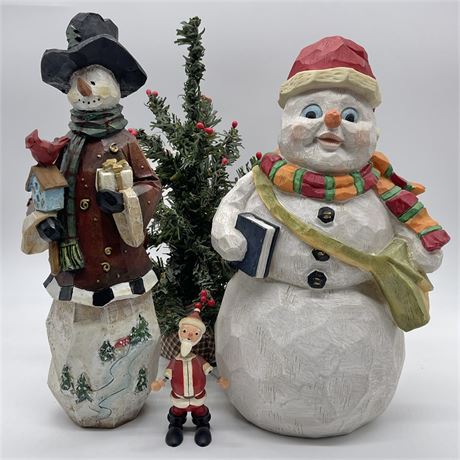 Vtg Guola Santa, Woodlike Snowmen and Table-top Tree