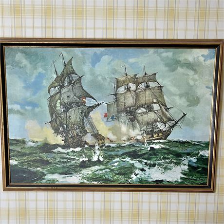 Frederic Col "Naval Battle" Framed Oil on Canvas