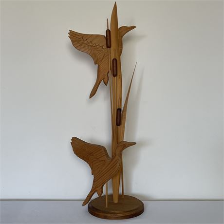 Wooden Flying Ducks in Cattails Sculpture