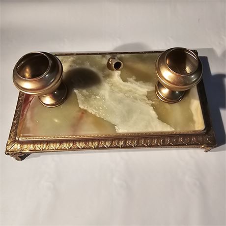 Antique Marble & Double Inkwell / Inkstand with Pen Holder