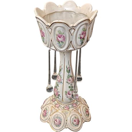 Antique Ceramic Hand Painted Mantle Luster with Glass Teardrops