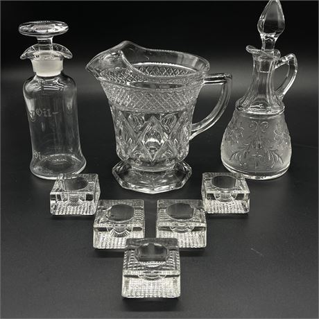 Cut Glass Pitcher, 5 Salt Cellars and Unmatched Cruets