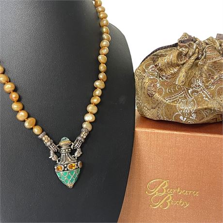 Barbara Bixbie 925/18k Citrine Enamel Perfume Wish Bottle Pendant Pearl Necklace