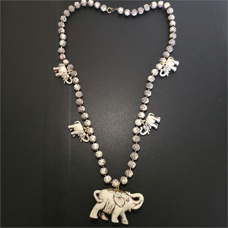 1950's Celluloid Handcarved Elephants &Roses Statement Necklace