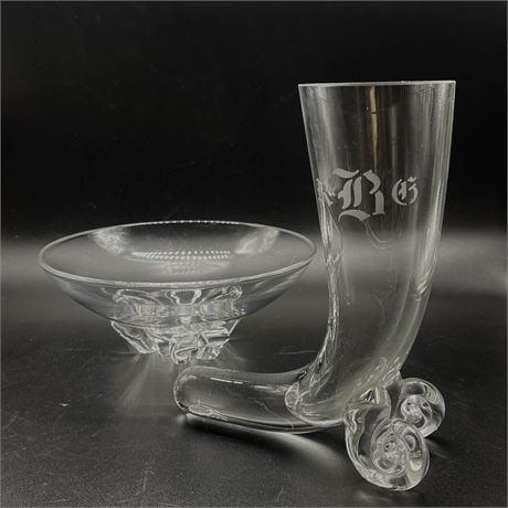 Cornucopia Shaped Vase with Small Glass Display Dish