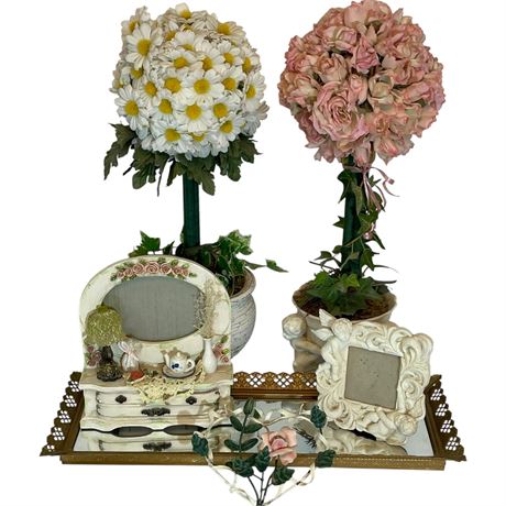 Vtg Dresser Tray Mirror, Topiaries and Coordinated Home Decor