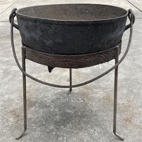 Large Antique Cast Iron Cauldron on Stand
