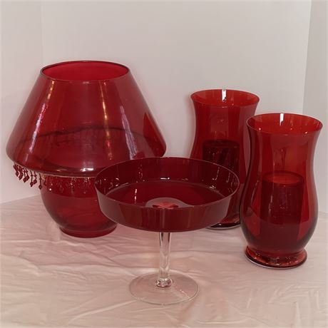Ruby Red Glass Pillar Candle Holders and Serving Compote