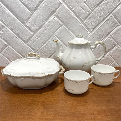Antique 1890's Haviland Schleiger 422 Teapot, Lidded Serving Dish and Mugs