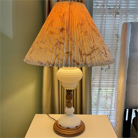 MCM Hobnail and Wood 3-way Lamp with Natural Pleated Paper Shade