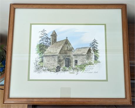 "St. Kevins Church" Signed Watercolor Artwork Print by Dick Mahoney-Framed