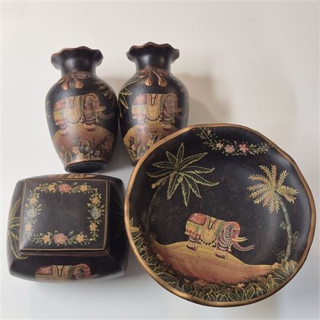 Vtg 1960s Boho Ceramic Elephant & Palm Tree 4-Piece Set