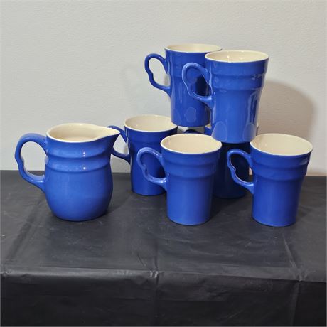 Oxford Royal Blue & White Creamer Pitcher w/ 6 Coffee Mugs