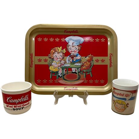 Vtg Campbells Soup Tin Tray & Mugs
