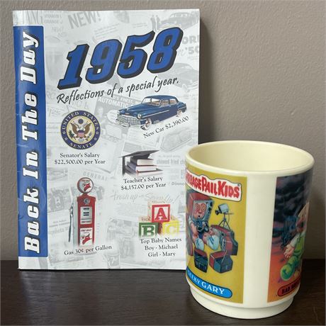 Vtg "Garbage Pail Kid" Cup (Gary - Mike - Seth) with 1958 Collector's Book