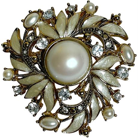 Vtg Monet Gold Toned Rhinestone & Faux Pearl Brooch
