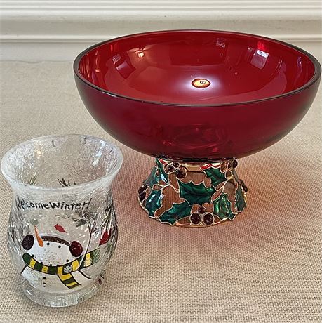 Teleflora Centerpiece Bowl and Yankee Candle Snowman Candle Holder