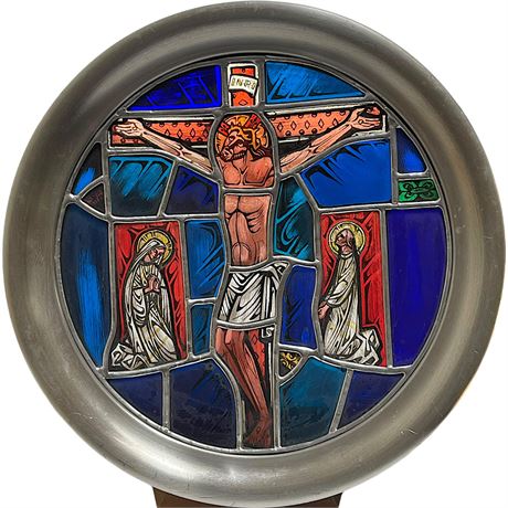 1976 Franklin Mint Leaded Stained Glass Crucifixion Wall Hanging w/ Pewter Frame