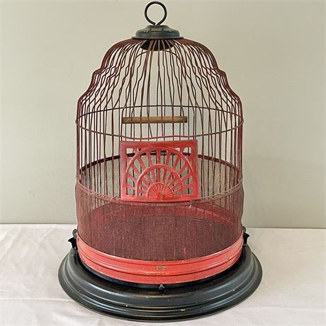 Antique Hendryx Style Metal Bird Cage w/ Wood Perch Accessory