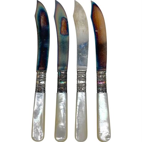 (4) Antique 925 Sterling Silver Mother of Pearl J.H. Hutchinson Knives
