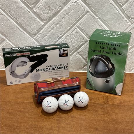 NIB Deluxe Golf Ball Monogrammer, NIB Sweet Spot Finder, & 6 Piece Golfing Bag