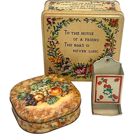Vintage Tin Containers & Wall Hanging Match Holder