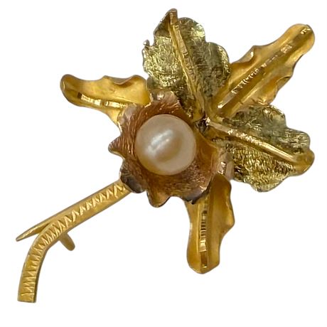 18K Yellow Gold Cultured Pearl Orchid Brooch